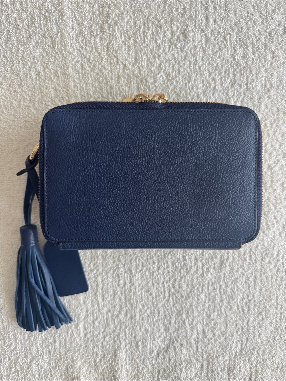 Levenger Classic Navy Leather Crossbody Wallet with Two Tassels